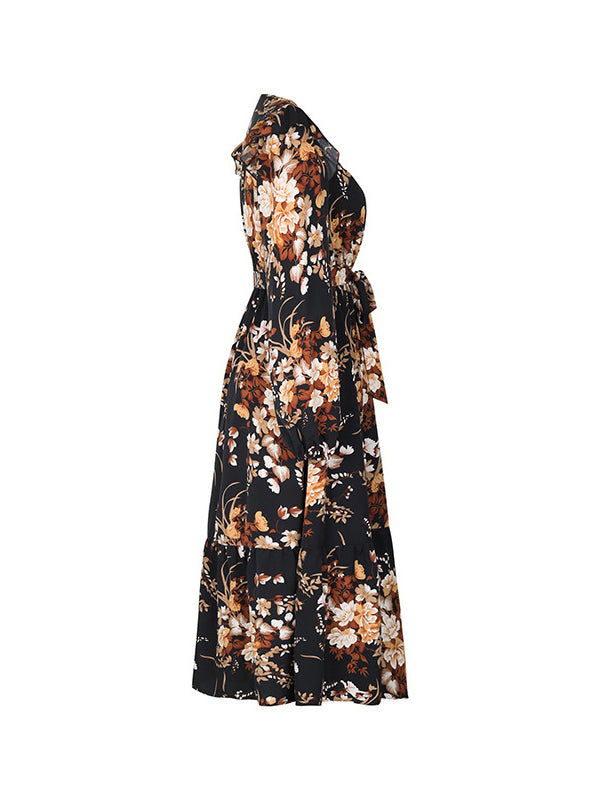 Flower Print Pleated Split-Joint Tied Waist Loose Puff Sleeves V-Neck Shirt Dress Midi Dresses