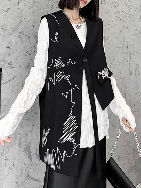 Asymmetric Buttoned Embroidered Sleeveless V-Neck Vest Top