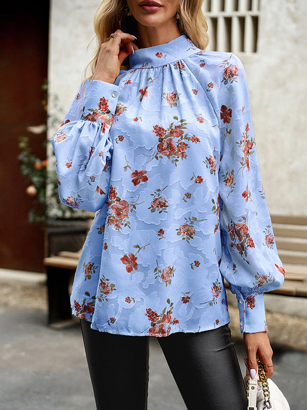 Flower Print Tied Long Sleeves Loose Mock Neck Blouses&Shirts Tops