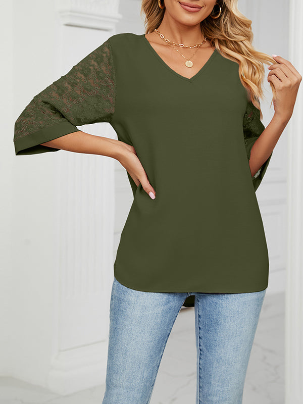Mesh Solid Color Split-Joint Loose Three-Quarter Sleeves Round-Neck T-Shirts Tops