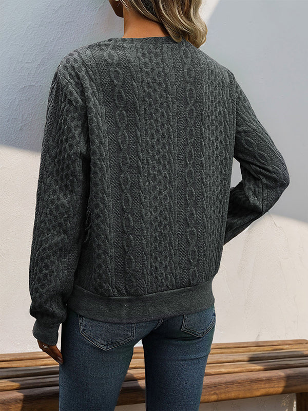 Buttoned Solid Color Split-Joint Long Sleeves Loose V-Neck Sweatshirt Tops