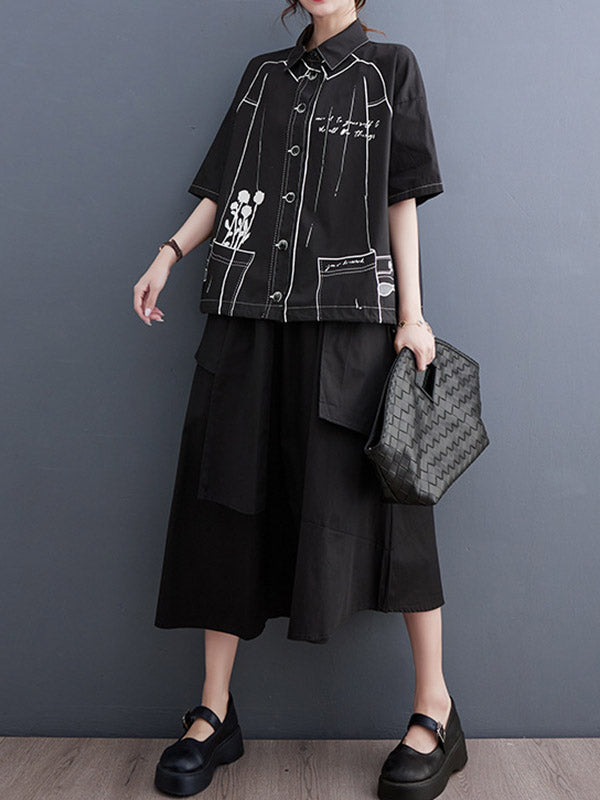 Buttoned Printed Loose Short Sleeves Lapel Blouses&Shirts Tops