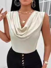 Pleated Solid Color Loose Sleeveless V-Neck Vest Top