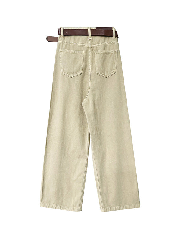 Belted Pleated Pockets High Waisted Wide Leg Jean Pants Bottoms