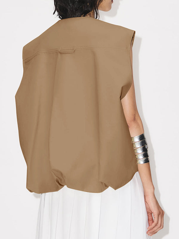 Pockets Split-Joint Zipper Loose Sleeveless Round-Neck Vest Outerwear