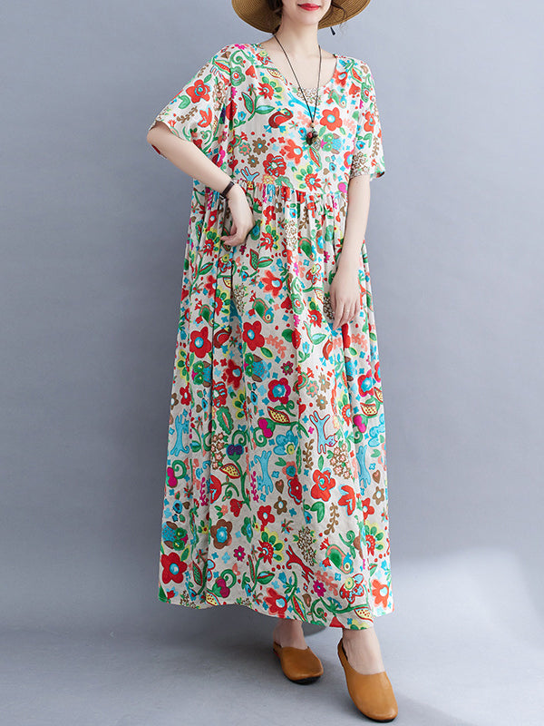 Pleated Printed Split-Joint Loose Short Sleeves Round-Neck Midi Dresses