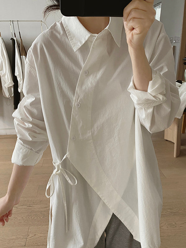 Lace-Up Solid Color Irregular Clipping Long Sleeves Lapel Blouses