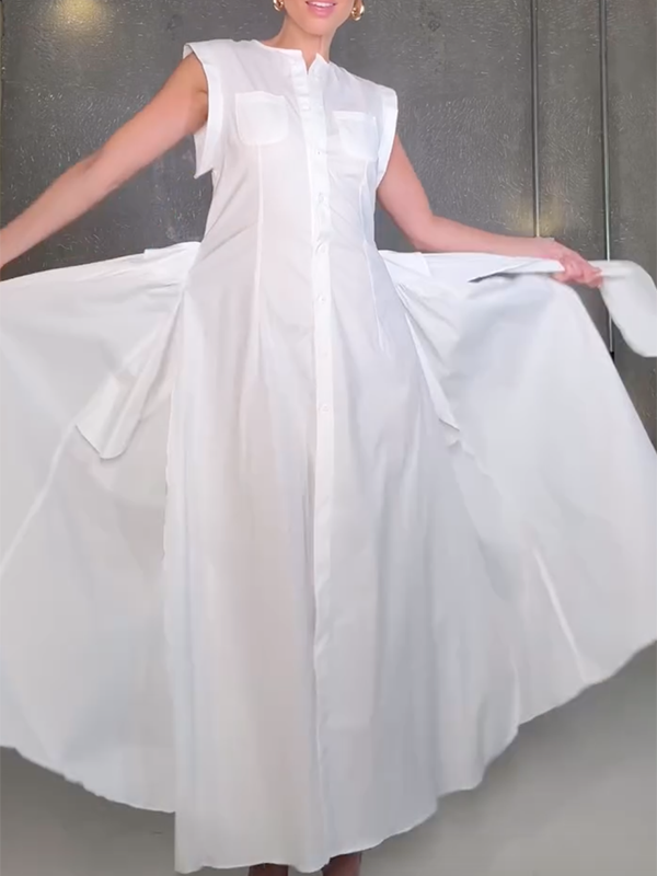 Buttoned Solid Color Split-Side Tied Waist Cap Sleeve Loose Shirt Dress Maxi Dresses