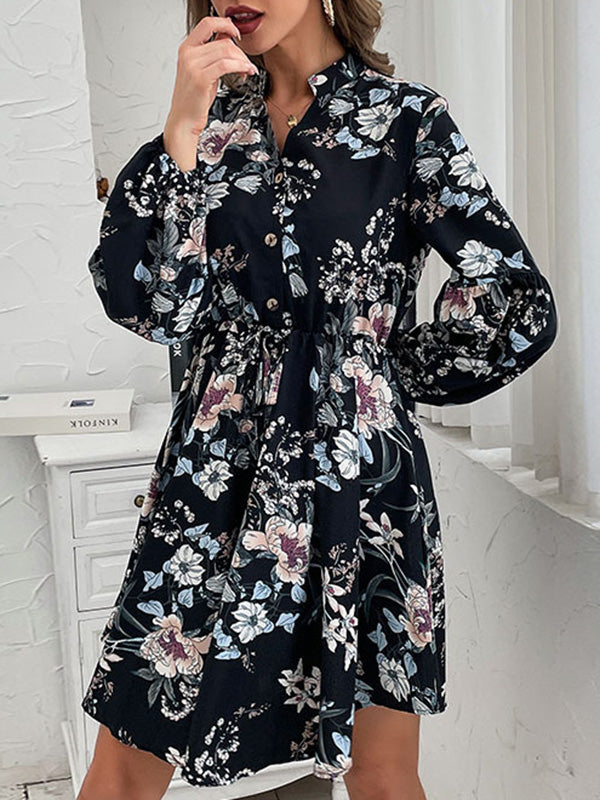 Buttoned Drawstring Elasticity Flower Print A-Line High Waisted V-Neck Mini Dresses
