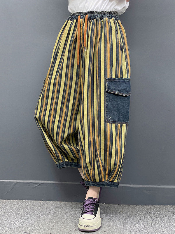 Contrast Color Drawstring Pleated Pockets Striped Loose Ninth Pants Knickerbockers Jean Pants Bottoms