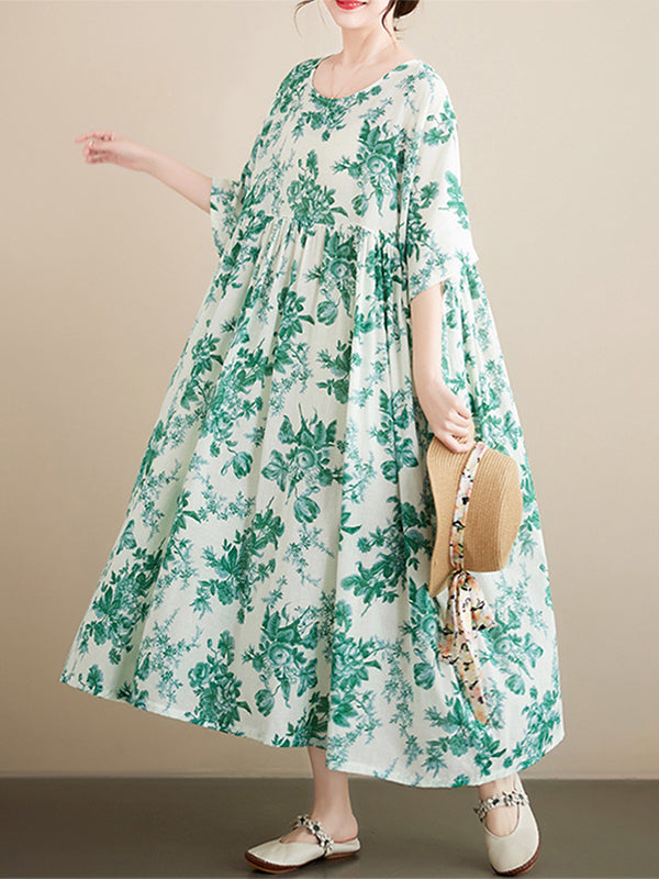 Floral Printed Pleated Split-Joint Loose Short Sleeves Round-Neck Midi Dresses