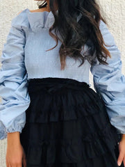 Elasticity Ruffle Trim Solid Color Split-Joint Long Sleeves Loose Off-The-Shoulder Blouses&Shirts Tops