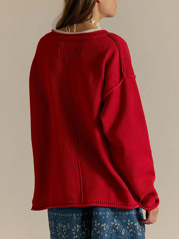 Solid Color Split-Joint Long Sleeves Loose Round-neck Sweater Tops