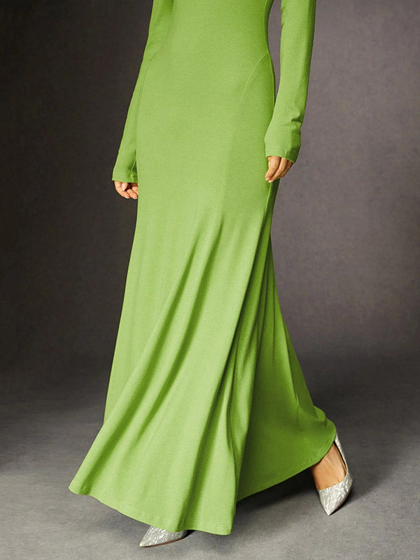 Solid Color Split-Joint Bodycon Long Sleeves High Neck Maxi Dresses