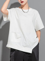 Asymmetric Solid Color Split-Joint Loose Short Sleeves Round-Neck T-Shirts Tops