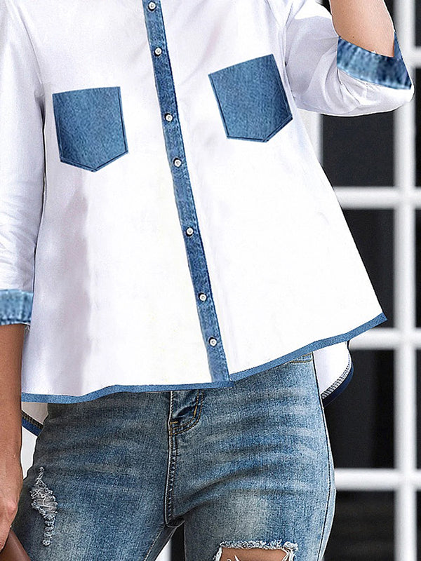 Buttoned Pockets A-Line High-Low Mock Neck Blouses&Shirts Tops