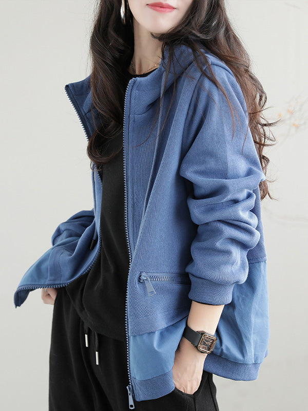 Artistic Retro Loose Long Sleeves Solid Color Zipper Hooded Outerwear