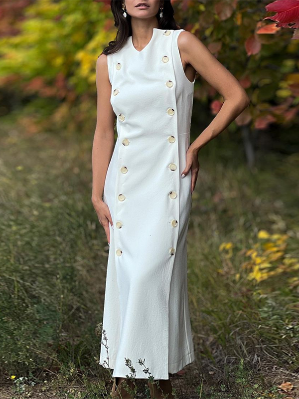Solid Color Split-Joint Split-Side Column Sleeveless Round-Neck Maxi Dresses