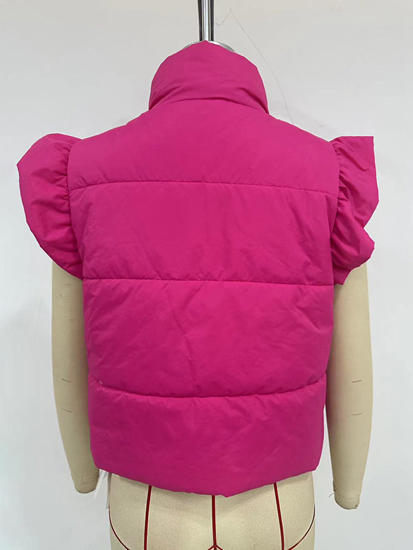 Pleated Solid Color Split-Joint Flared Sleeves High Neck Padded Vest