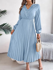 Pleated Solid Color Elasticated Waist High Waisted V-neck Midi Dresses