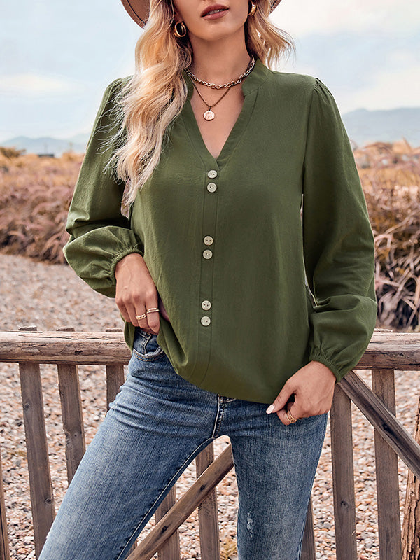 Buttoned Elasticity Long Sleeves Loose V-neck Blouses&shirts Tops