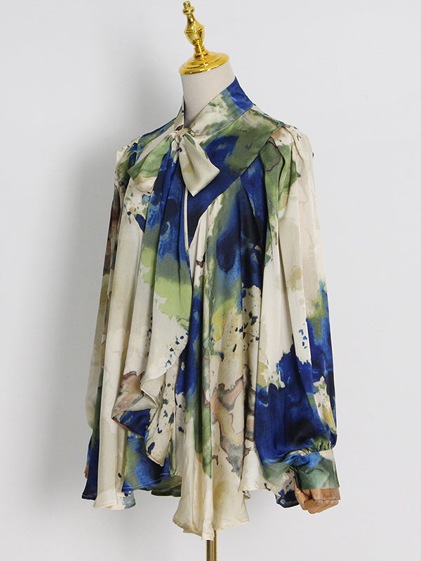 Loose Printed Puff Sleeves Pleated Stand Collar Blouses