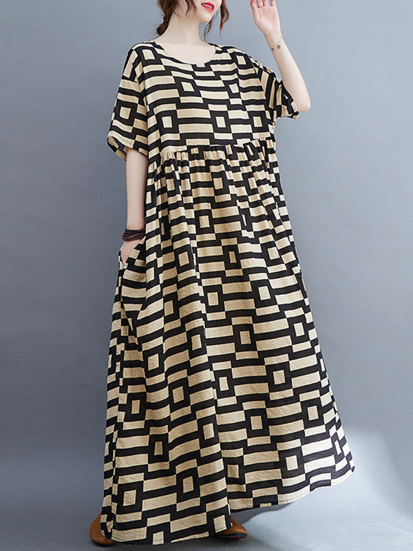 Plaid Loose Short Sleeves Round-Neck Midi Dresses