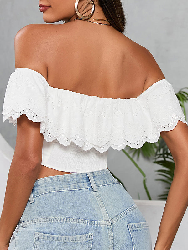 Elasticity Pleated Ruffled Solid Color Split-Joint Ruffle Sleeves Skinny Off-the-shoulder Blouses&shirts Tops