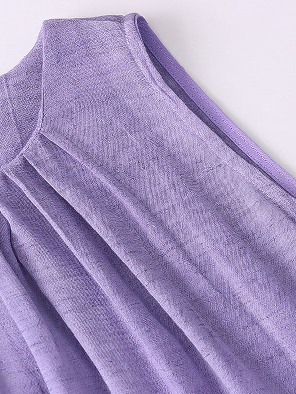 Pleated Solid Color A-Line Loose Round-Neck Midi Dresses