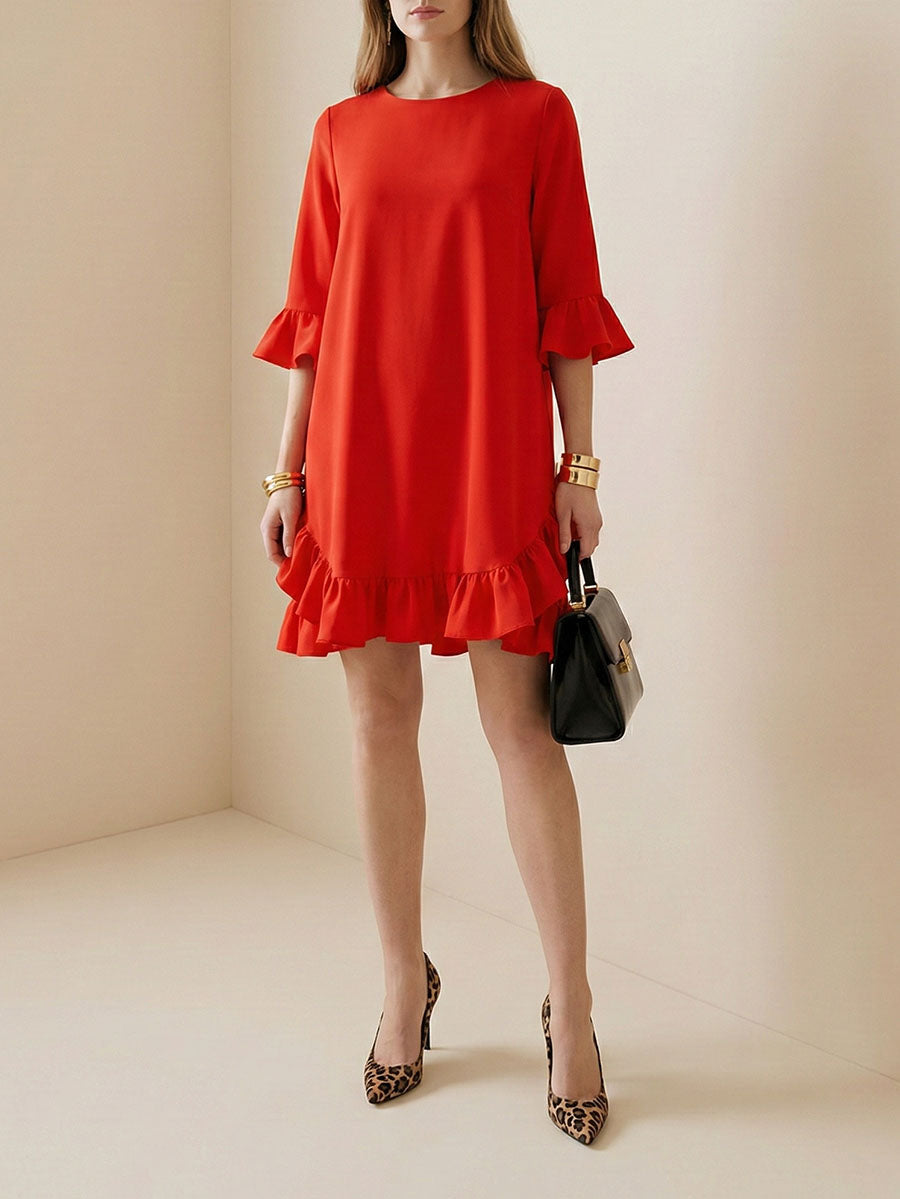 Half Sleeves Loose Falbala Solid Color Round-Neck Midi Dresses