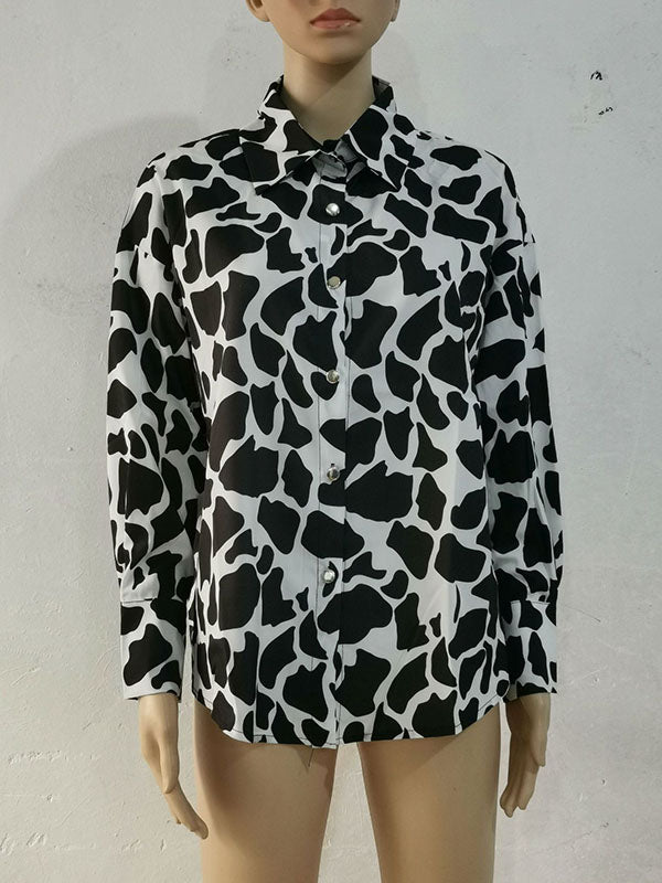 Contrast Color Printed Long Sleeves Loose Lapel Blouses