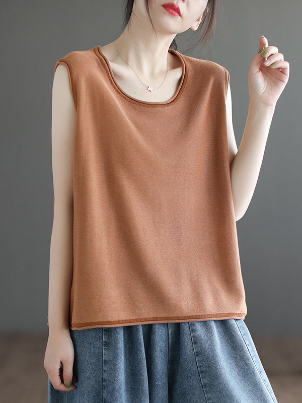 Solid Color Loose Sleeveless Round-neck Knitting Vest Top