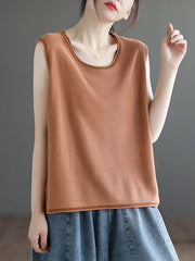 Solid Color Loose Sleeveless Round-neck Knitting Vest Top