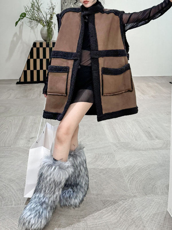 Buttoned Contrast Color Pockets Reversible Velvet Loose Sleeveless Stand Collar Vest Outerwear