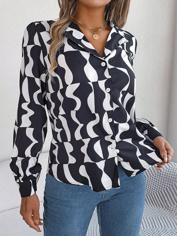 Buttoned Contrast Color Long Sleeves Notched Collar Blouses&Shirts Tops