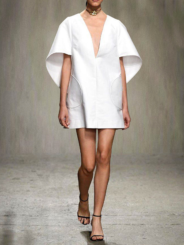 Solid Color Half Sleeves Loose Deep V-Neck Mini Dresses