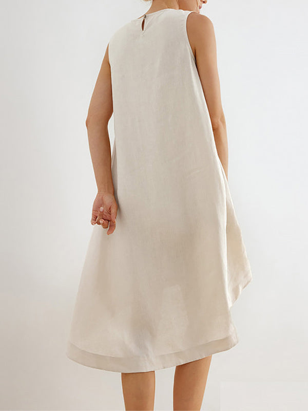 Solid Color High-Low Loose Round-Neck Midi Dresses