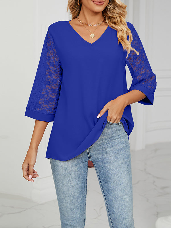Mesh Solid Color Split-Joint Loose Three-Quarter Sleeves Round-Neck T-Shirts Tops