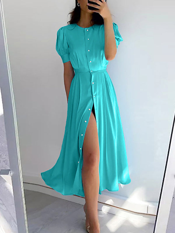 Buttoned Solid Color Puff Sleeves Short Sleeves Round-Neck Shirt Dress Midi Dresses