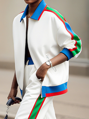 Long Sleeves Loose Contrast Color Striped Zipper Lapel Outerwear