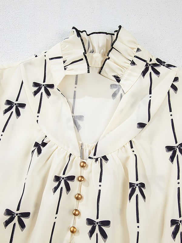 Bowknot Contrast Color Printed Split-Joint A-Line Loose Stand Collar Midi Dresses