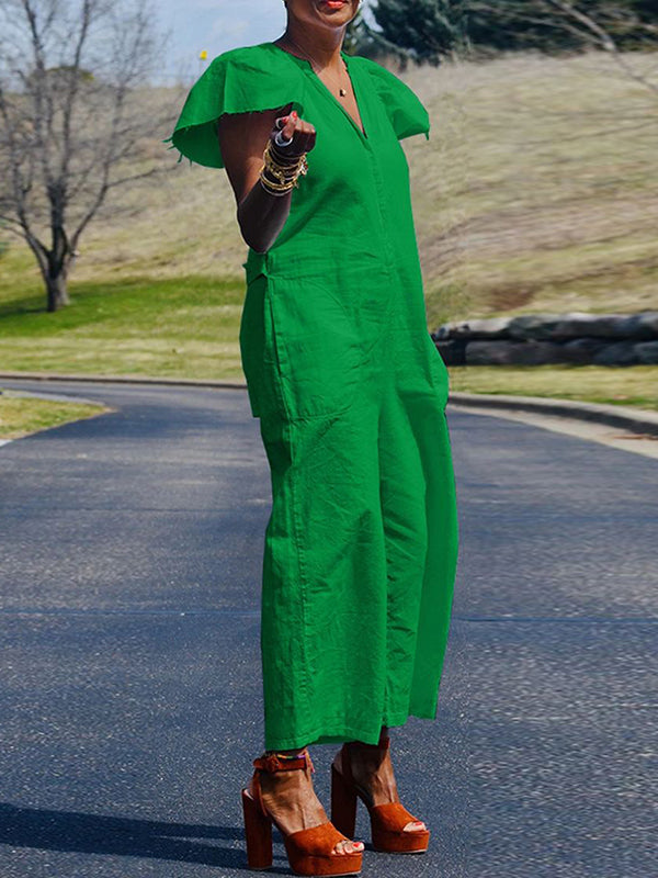 Fringed Pleated Pockets Solid Color Loose Ruffle Sleeves V-Neck Jumpsuits