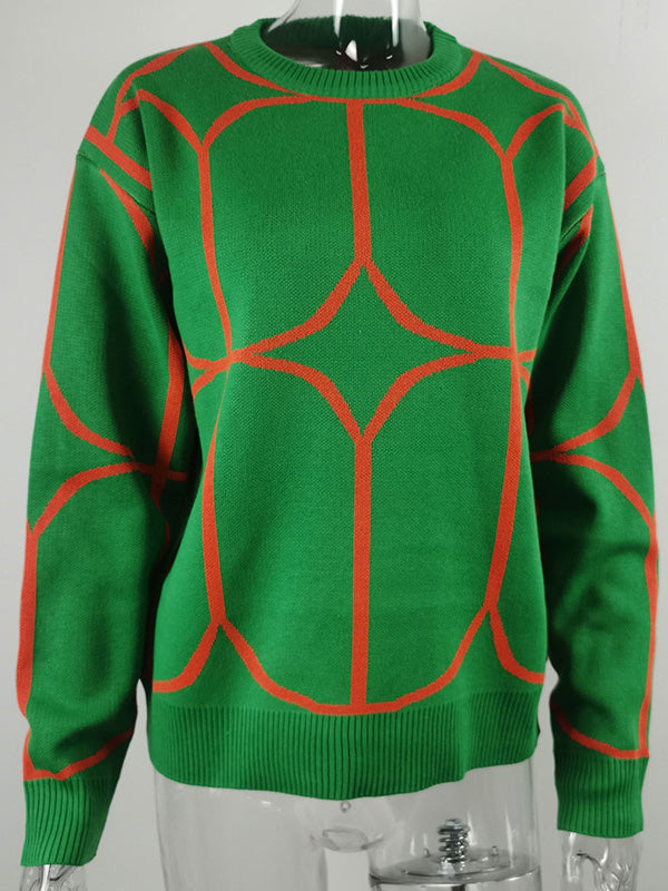 Geometric Long Sleeves Loose Round-Neck Sweater Tops Pullovers Knitwear
