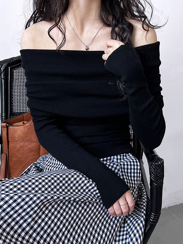 Solid Color Long Sleeves Skinny Off-The-Shoulder Sweater Tops Pullovers