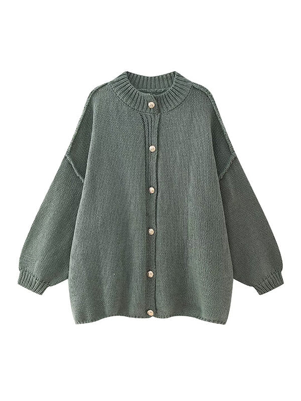 Buttoned Split-Joint Loose Puff Sleeves Round-neck Cardigan Tops