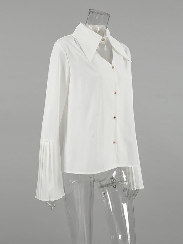 Buttoned Hollow Pleated Split-Joint Flared Sleeves Long Sleeves Lapel Blouses&Shirts Tops
