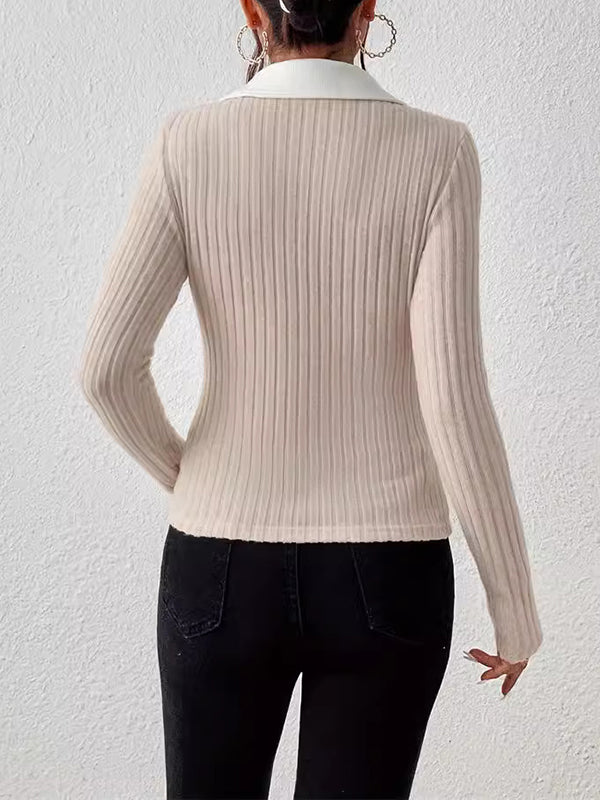 Comfort Contrast Color Long Sleeves Skinny V-neck T-shirts