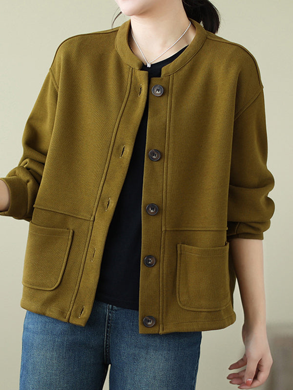 Buttoned Keep Warm Pockets Velvet Long Sleeves Loose Round-neck Outerwear