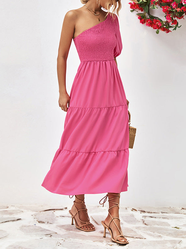 Solid Color Loose Puff Sleeves One-Shoulder Midi Dresses