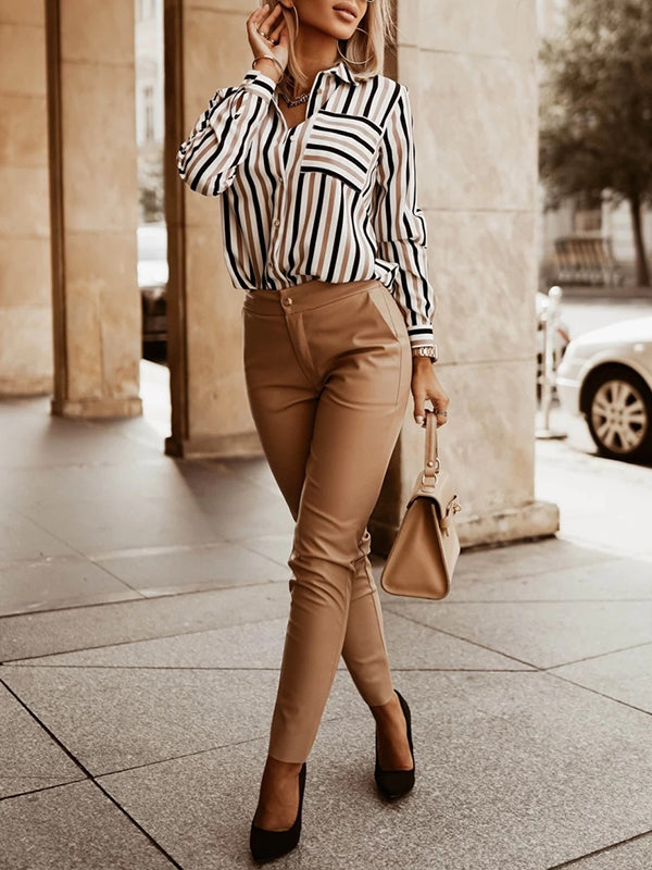 Buttoned Contrast Color Pockets Striped Long Sleeves Loose Lapel Blouses&Shirts Tops